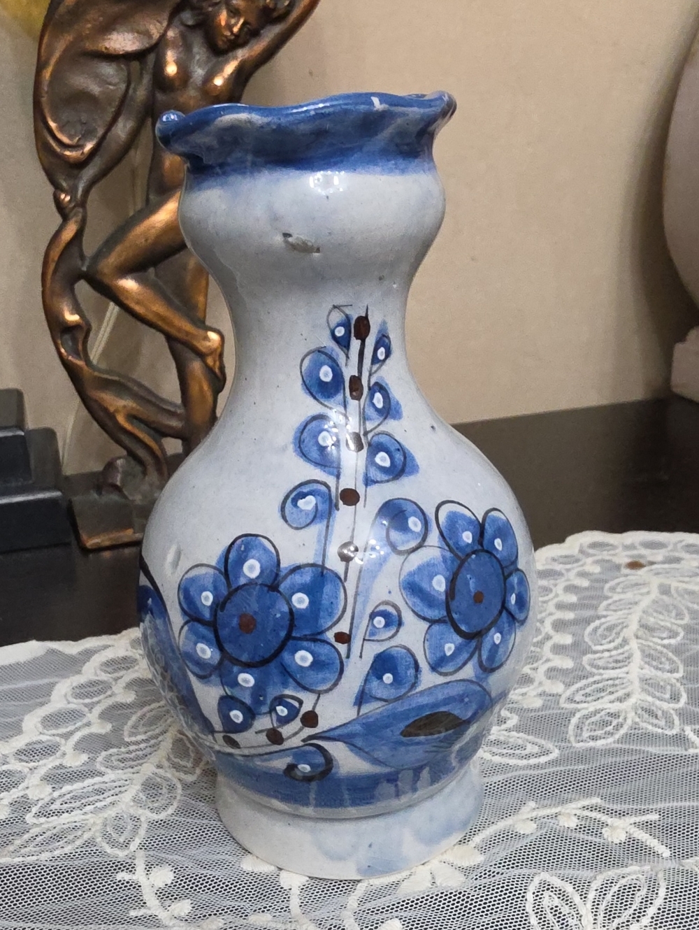 Vtg 1960 Tonala Mexico Blue Floral Ceramic Vase - Classic Hand-Painted Home Art